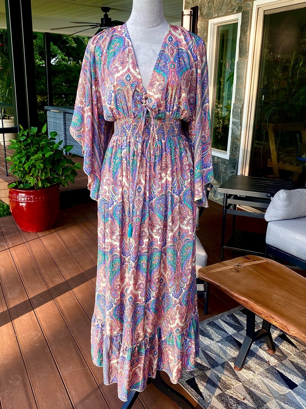 Unique St. Barts, Boho Paisley V-Neck Maxi Dress, Muted  Multicolor 💕One Size